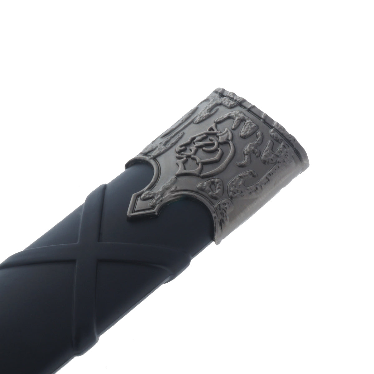 Close-up of Black Medieval Sword w/Black Plastic Scabbard featuring detailed hilt design