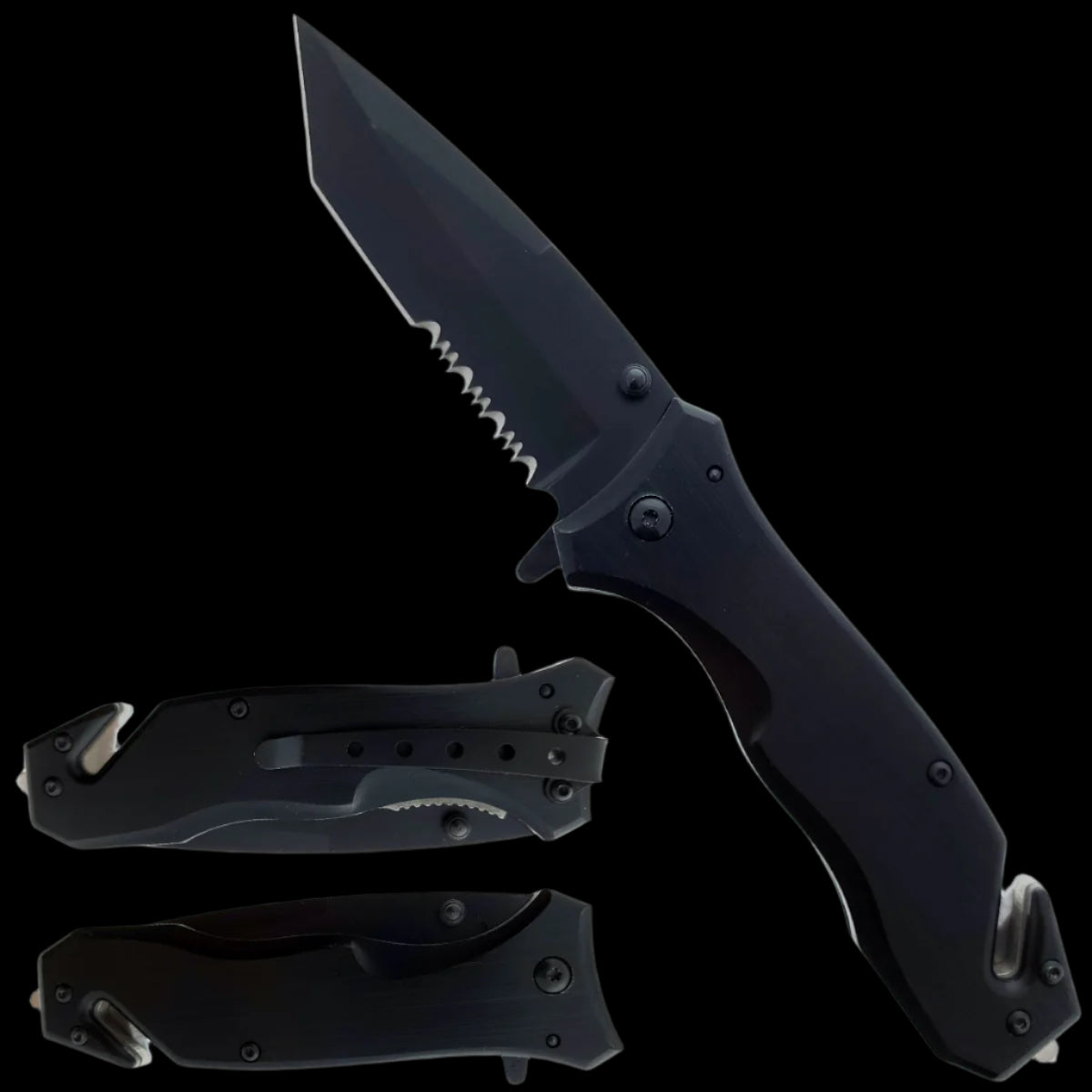 Guild Arms spring assisted black pocket knife with seat belt cutter and serrated blade