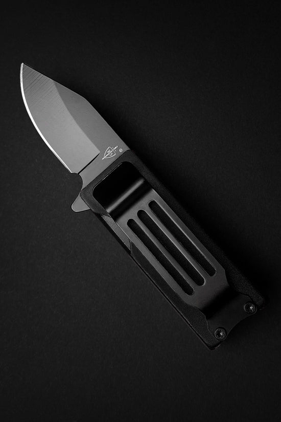 Guild Arms Black Spring Assisted Lighter Knife with sleek black handle and sharp stainless steel blade