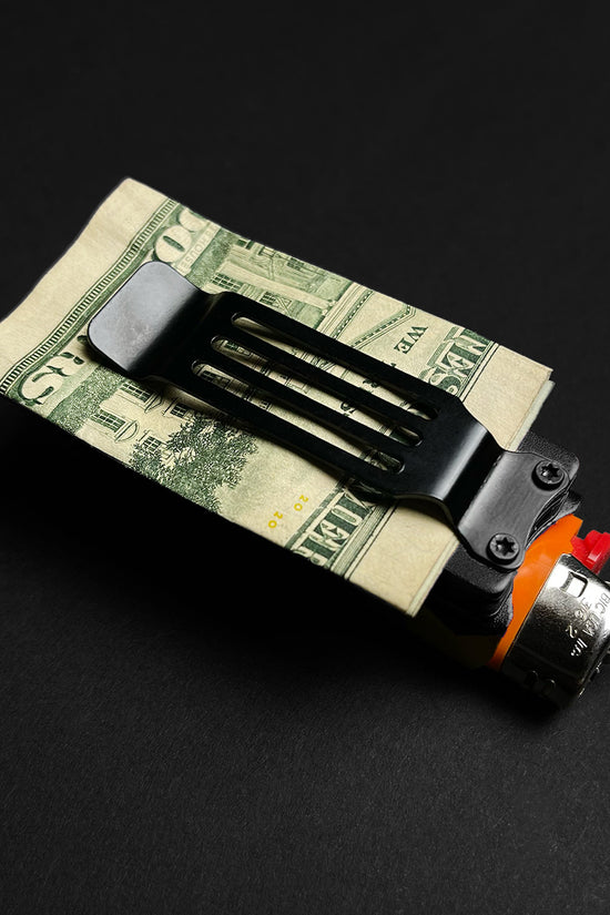 Guild Arms Black Spring Assisted Lighter Knife with a money clip for easy carrying