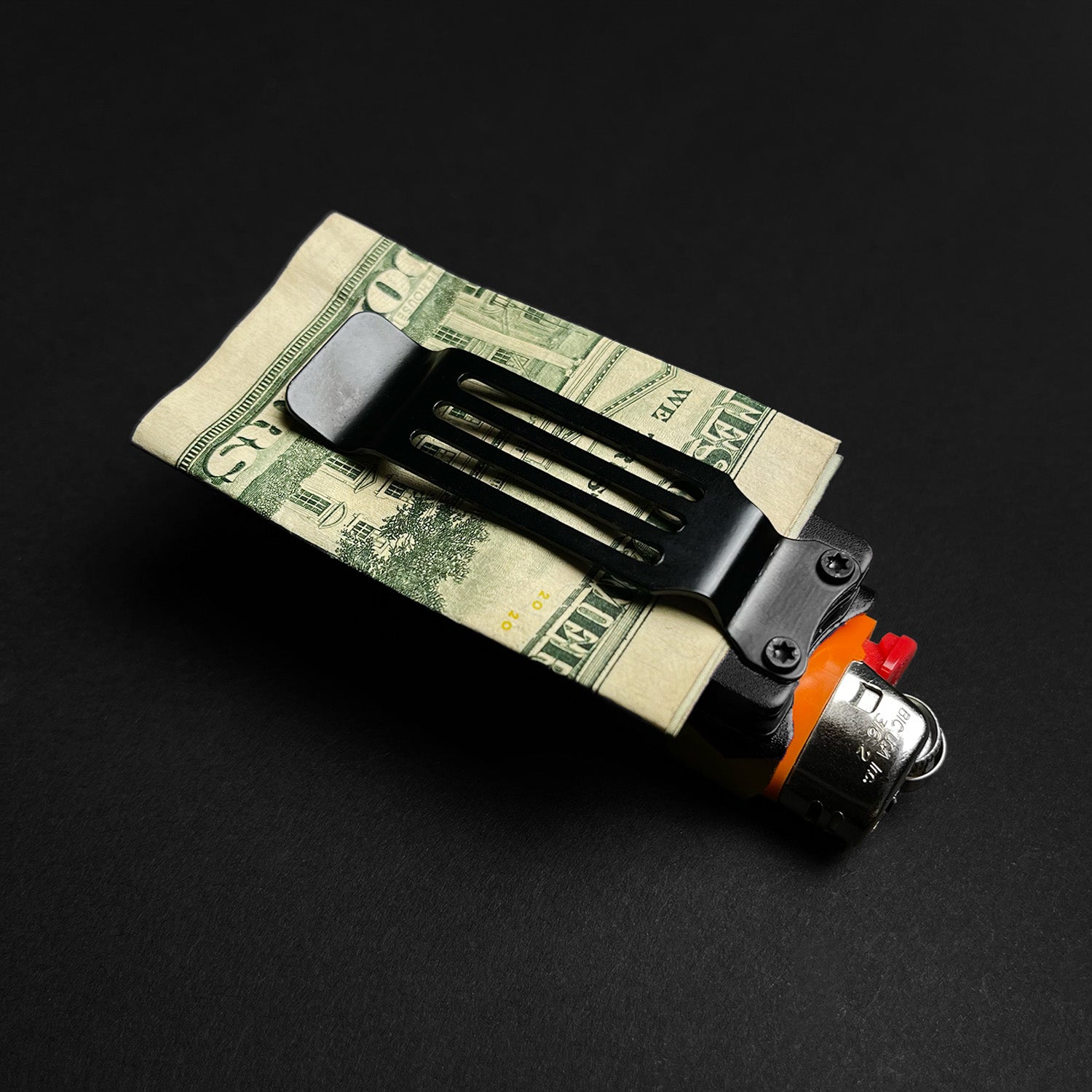 Guild Arms Black Spring Assisted Lighter Knife with a money clip for easy carrying