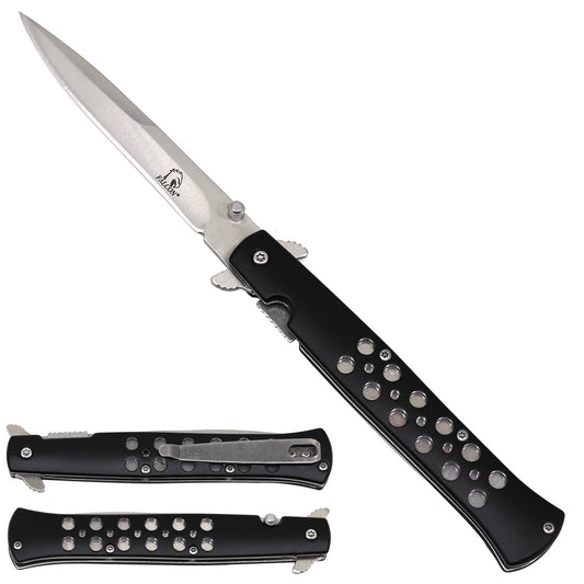 Falcon black stiletto spring assisted knife with metal handle and sharp blade shown open and closed