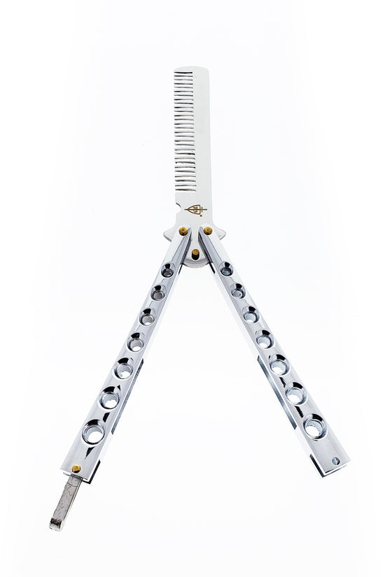 Guild Arms Black Training Butterfly Comb with durable stainless steel design for practice and styling