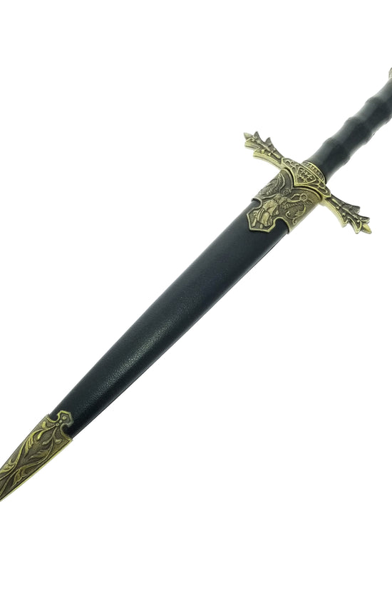 Guild Arms Medieval knight dagger with ornate brass crossguard and black leather scabbard