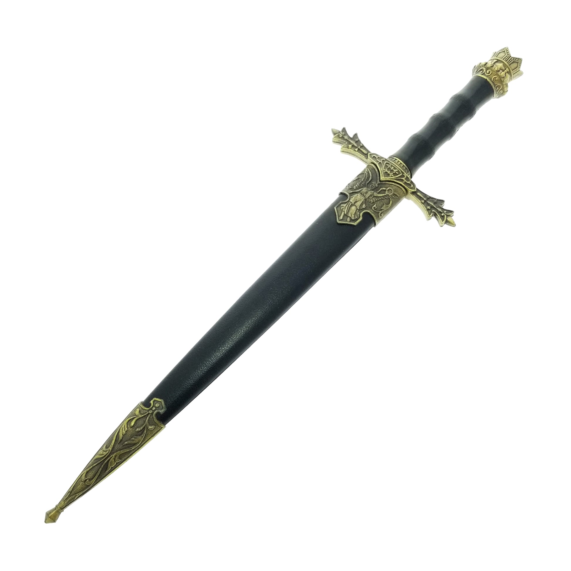 Guild Arms Medieval knight dagger with ornate brass crossguard and black leather scabbard