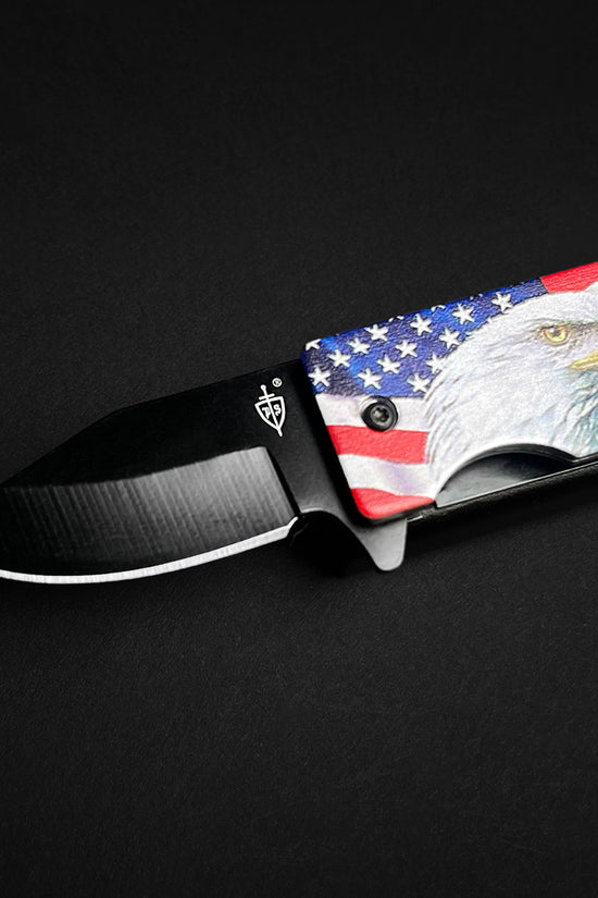 Guild Arms Eagle Lighter Knife Case featuring black blade and American flag design handle with eagle graphic