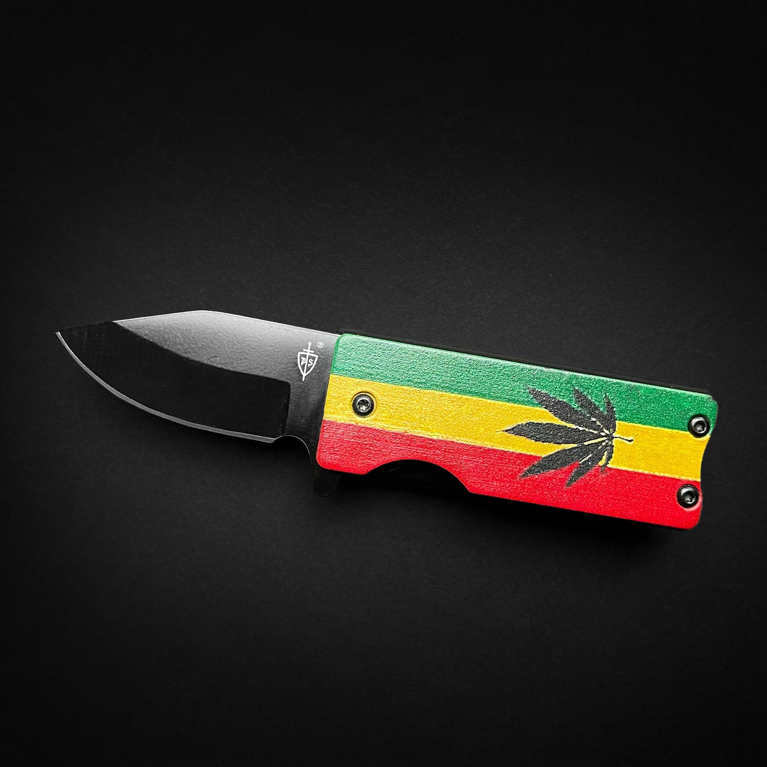 Guild Arms Lighter Case marijuana pocket knife with Rasta red yellow green handle and black drop point blade