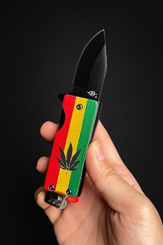 Guild Arms Lighter Case marijuana pocket knife Rasta red yellow green handle with black clip point blade