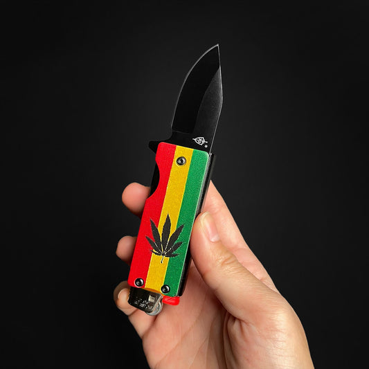 Guild Arms Lighter Case marijuana pocket knife Rasta red yellow green handle with black clip point blade