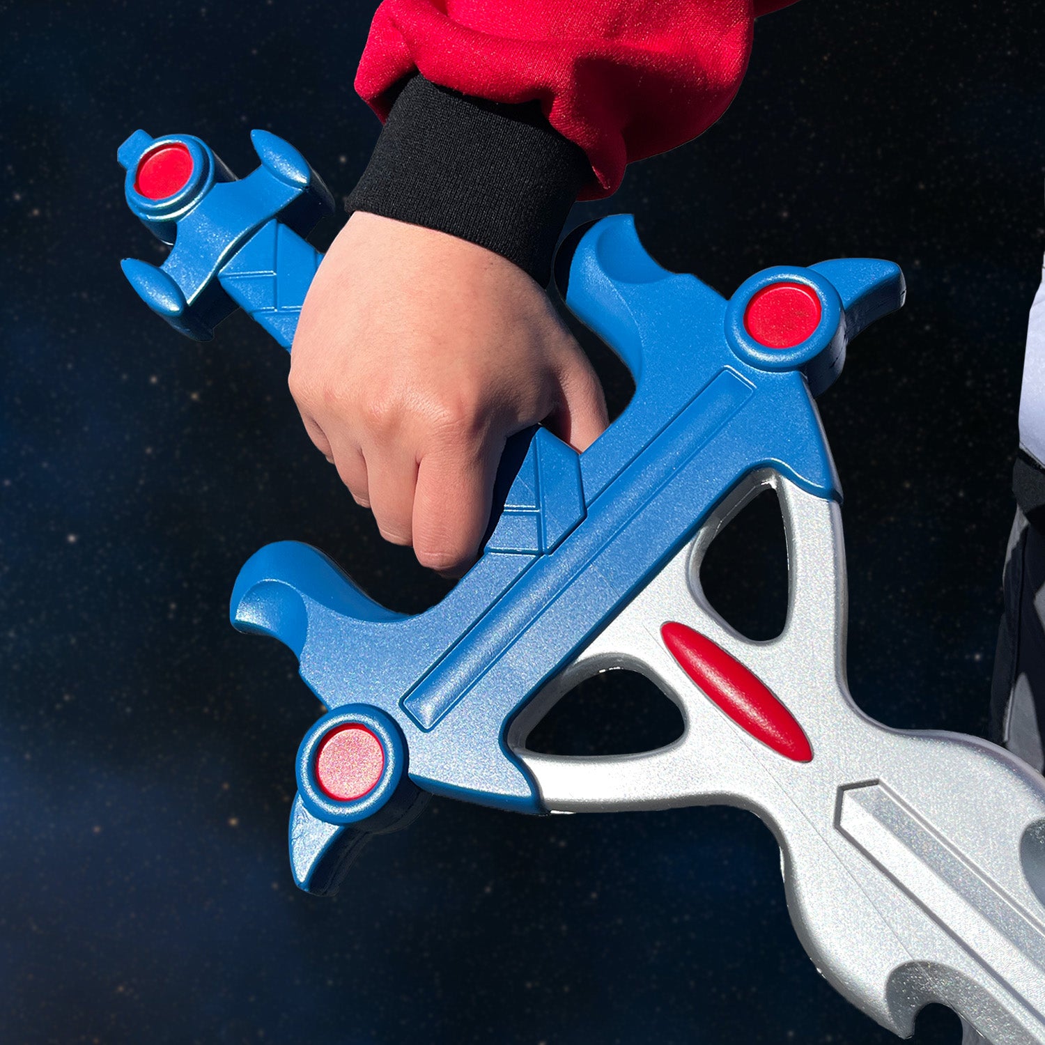 Blazing Sword Cosplay Foam Sword held by a person in a red outfit with detailed blue and silver design