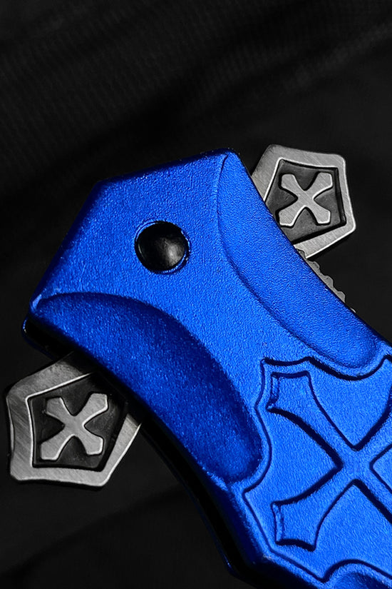 Guild Arms blue cross handle pocket knife with spring assisted mechanism for easy one-handed use