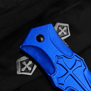 Guild Arms blue cross handle pocket knife with spring assisted mechanism for easy one-handed use