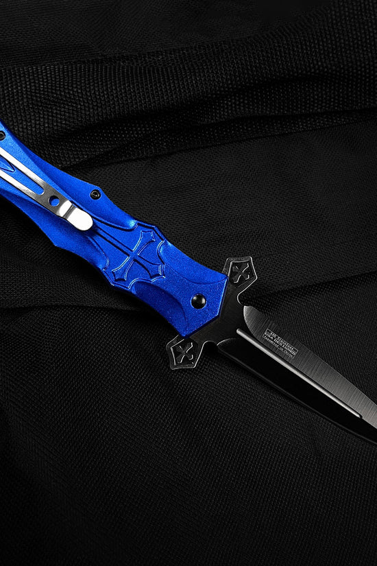 Guild Arms blue cross handle pocket knife with spring assisted blade for easy one-handed opening