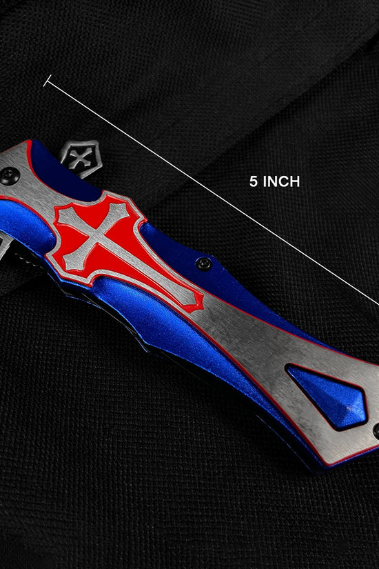 Guild Arms blue cross handle pocket knife with a sleek design and 5 inch length for easy carrying