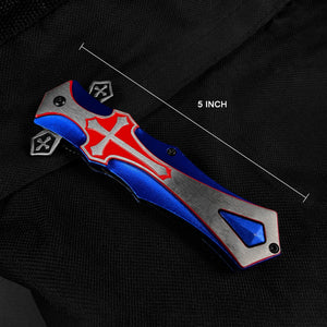 Guild Arms blue cross handle pocket knife with a sleek design and 5 inch length for easy carrying