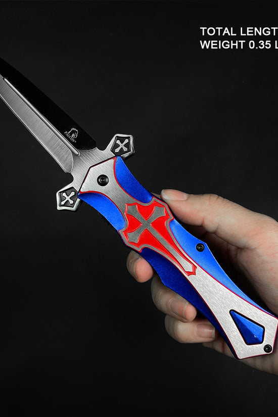 Blue cross handle pocket knife by Guild Arms with a sleek design and a spring-assisted opening mechanism