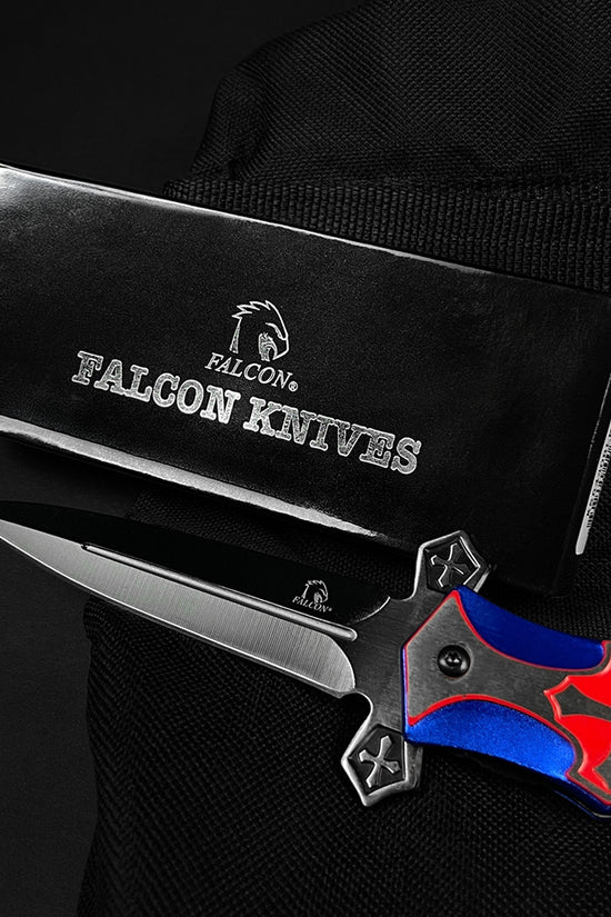 Guild Arms blue cross handle pocket knife with stainless steel blade and sleek design