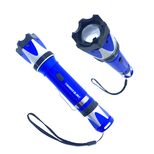 Guild Arms blue rechargeable stun gun flashlight with safety features and sturdy design