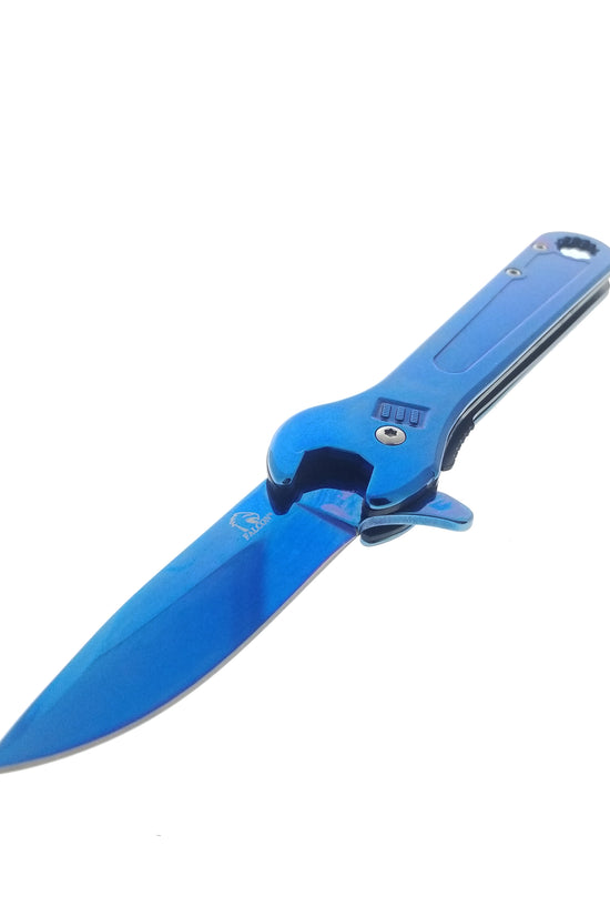 Blue Spring Assisted EDC knife with wrench handle featuring a sleek design and durable blade