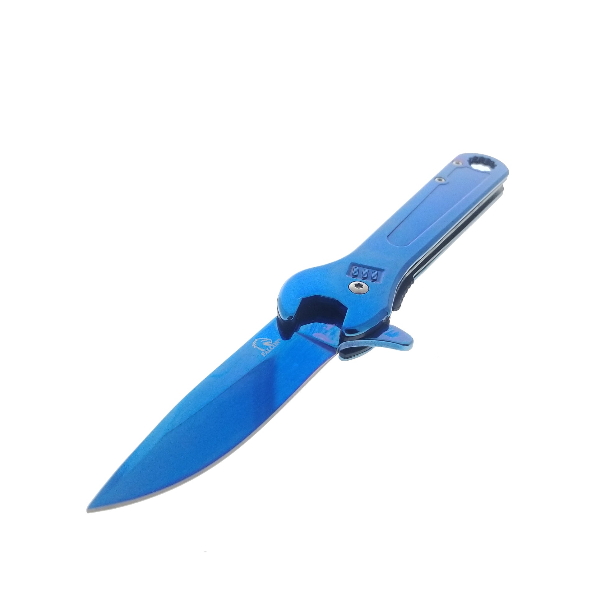 Blue Spring Assisted EDC knife with wrench handle featuring a sleek design and durable blade