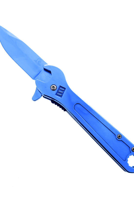Blue Spring Assisted EDC knife with wrench handle for versatile everyday cutting tasks