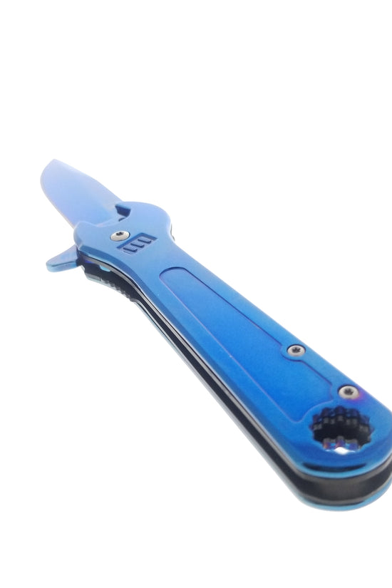 Blue Spring Assisted EDC knife with wrench handle for everyday carrying and versatility