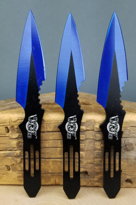 Blue throwing knives set featuring three sleek blades with serrated edges and ergonomic handles