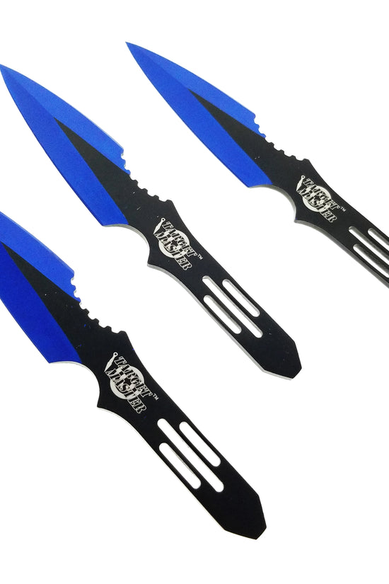 Blue throwing knives set featuring three sleek, aerodynamic blades for accurate throwing