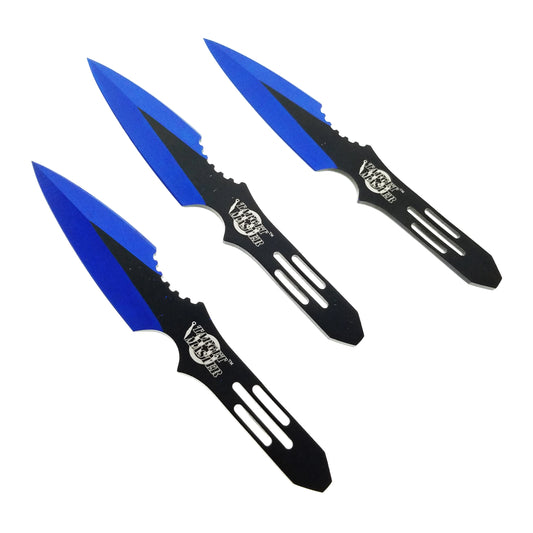 Blue throwing knives set featuring three sleek, aerodynamic blades for accurate throwing