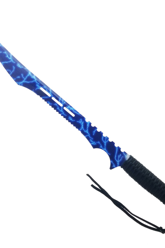 Blue Thunder Tactical Machete with a striking blue lightning design and textured handle for better grip