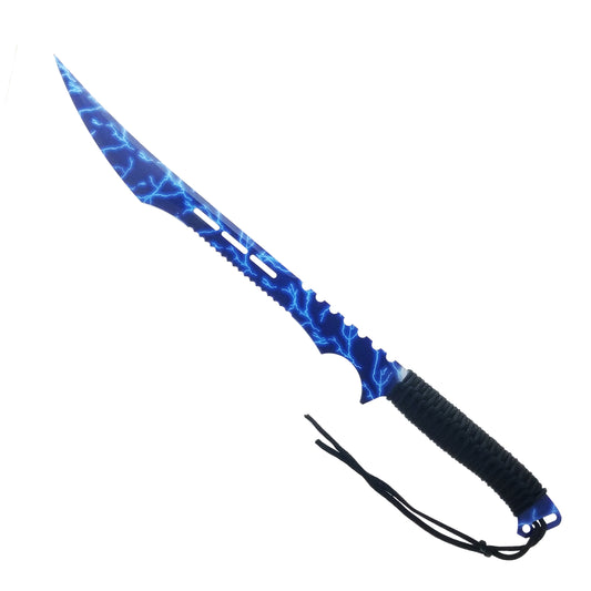 Blue Thunder Tactical Machete with a striking blue lightning design and textured handle for better grip