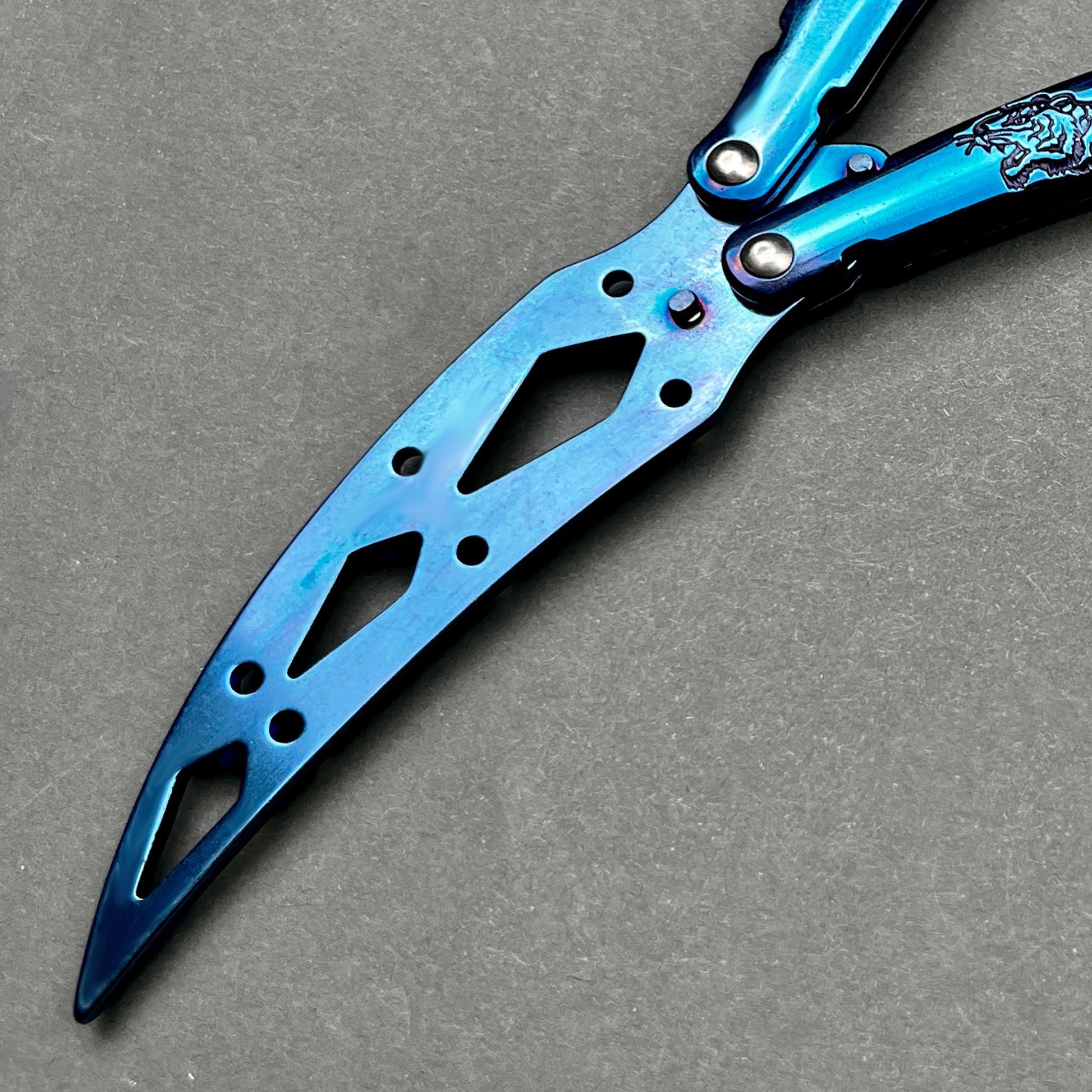 Blue Guild Arms practice butterfly knife for beginners trainer with cutout blade design