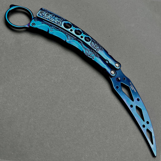 Guild Arms blue butterfly knife trainer with intricate design for practice butterfly knife for beginners