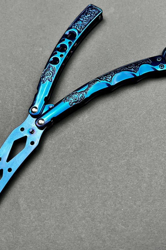 Guild Arms blue metal butterfly knife trainer detailed with engravings practice butterfly knife for beginners