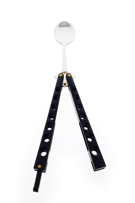 Butterfly Trainer Balisong Spoon Black with stainless steel spoon and black handles for practice and tricks
