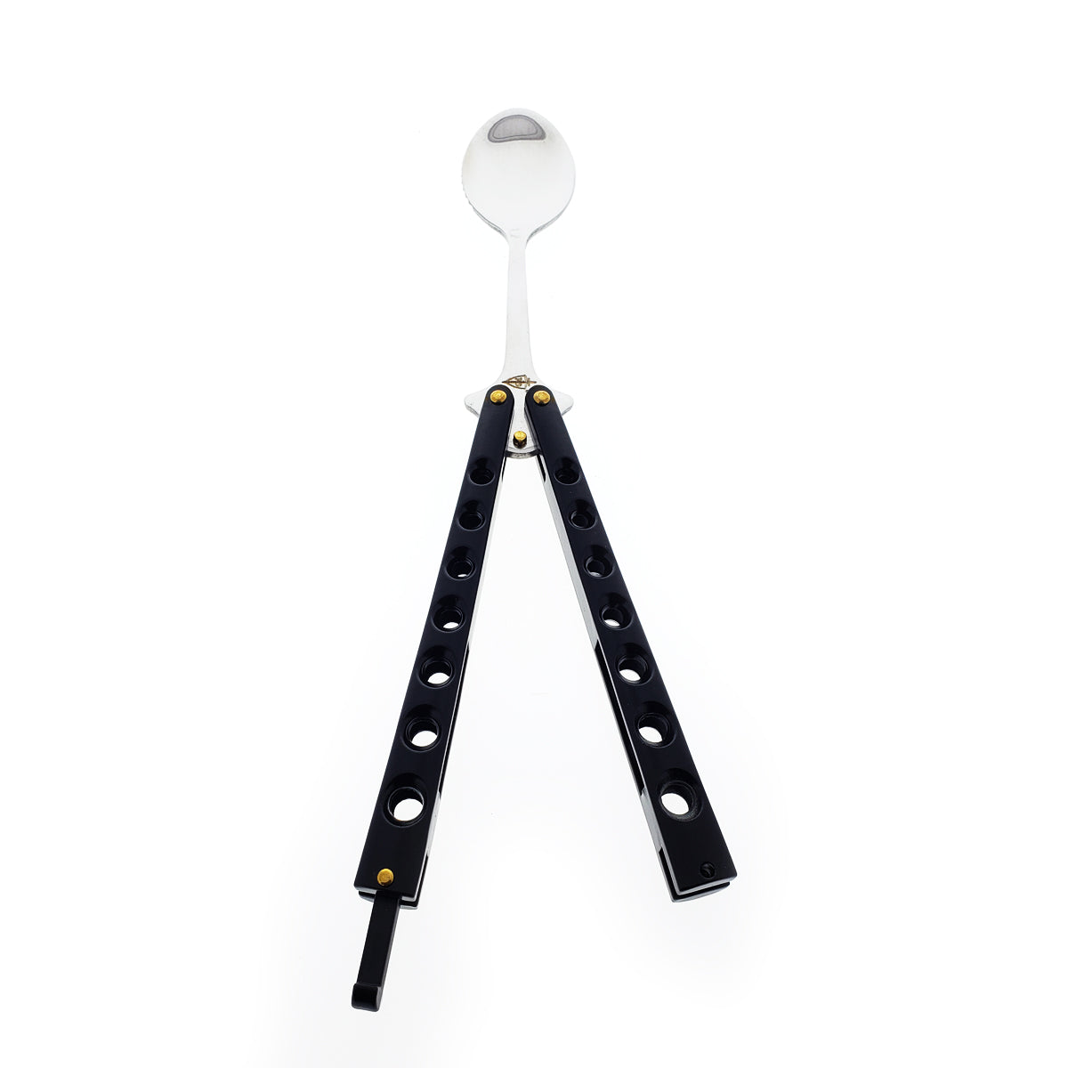 Butterfly Trainer Balisong Spoon Black with stainless steel spoon and black handles for practice and tricks