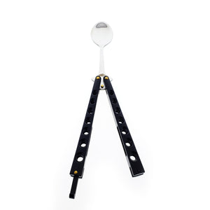 Butterfly Trainer Balisong Spoon Black with stainless steel spoon and black handles for practice and tricks
