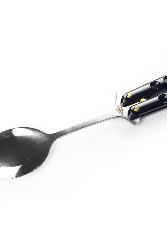 Guild Arms Butterfly Trainer Balisong Spoon Black, perfect for practicing flipping techniques safely
