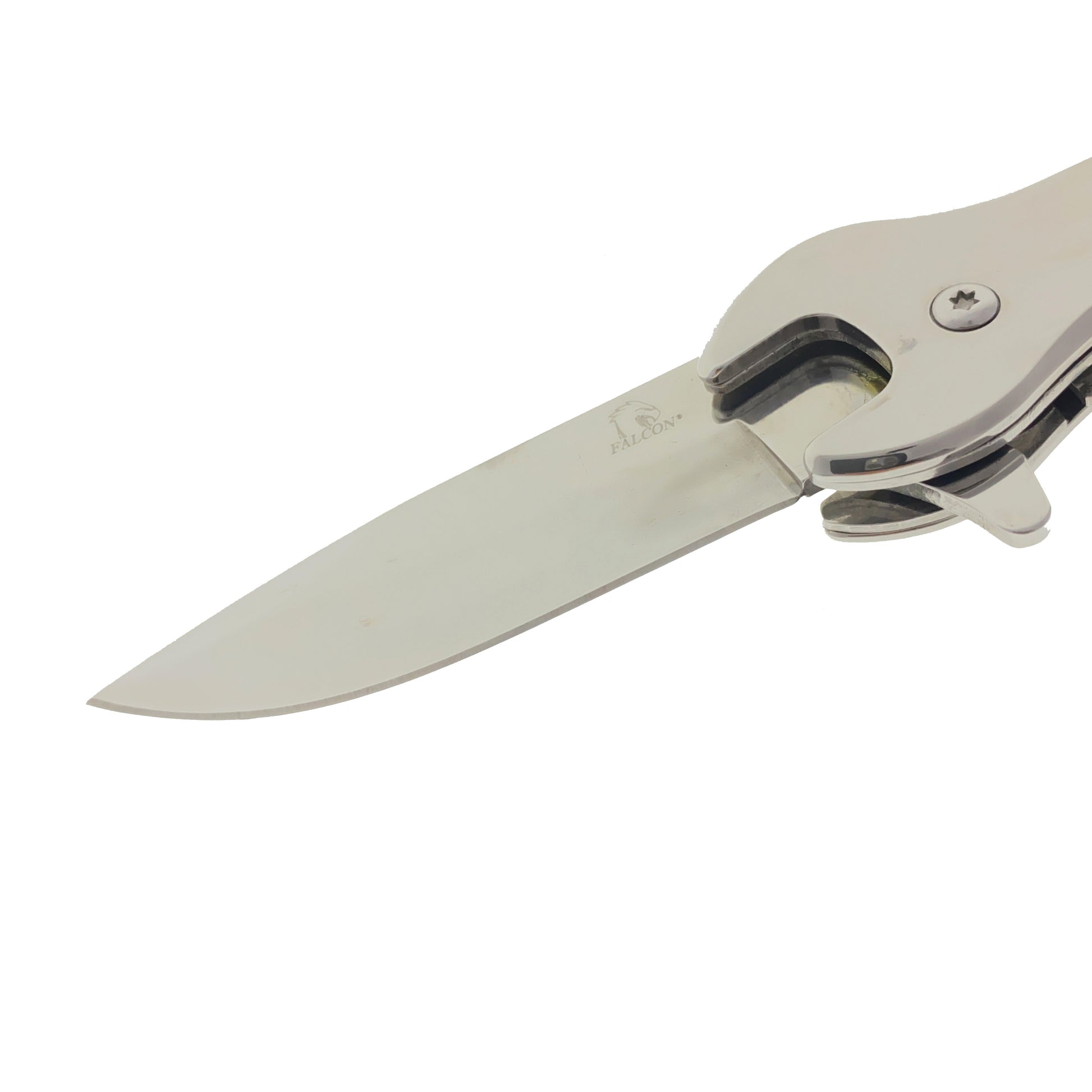 Falcon spring assisted Chrome multi-tool wrench pocket knife for EDC with open polished blade and handle view