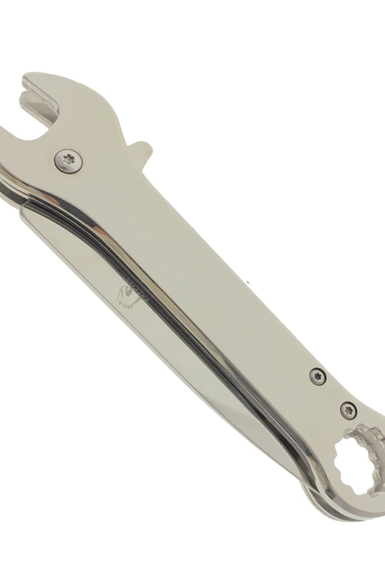 Falcon Chrome multi-tool wrench pocket knife for EDC. Spring assisted folding tool with wrench and bottle opener