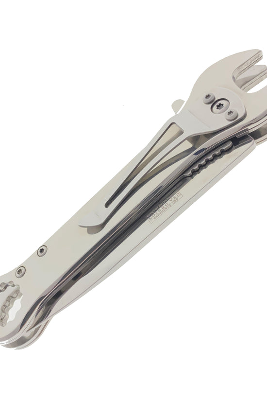 Falcon spring assisted pocket knife featuring Chrome multi-tool wrench pocket knife for EDC. polished chrome finish and clip