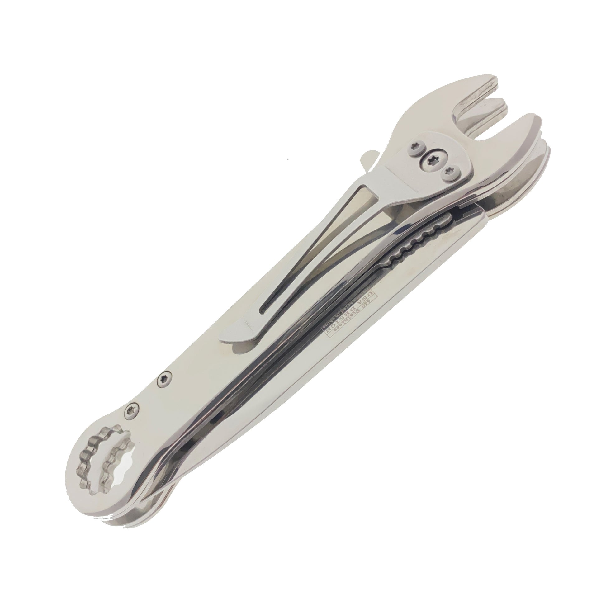 Falcon spring assisted pocket knife featuring Chrome multi-tool wrench pocket knife for EDC. polished chrome finish and clip