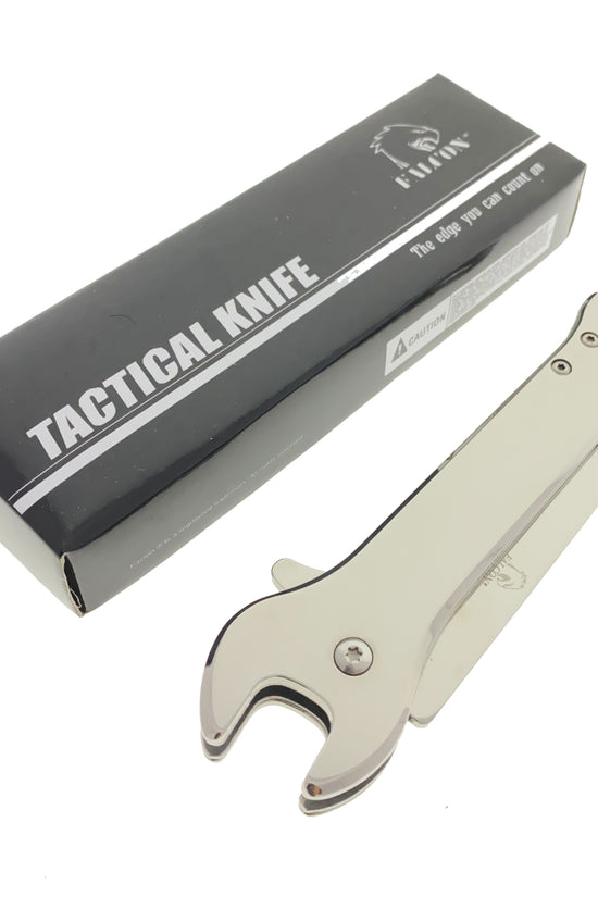 Falcon spring assisted pocket knife in chrome with wrench and bottle opener Chrome multi-tool wrench pocket knife for EDC.