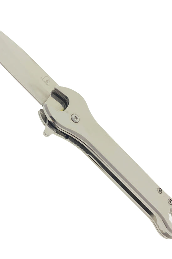 Falcon spring assisted folding pocket knife in chrome finish with built in wrench, Chrome multi-tool wrench pocket knife for EDC.