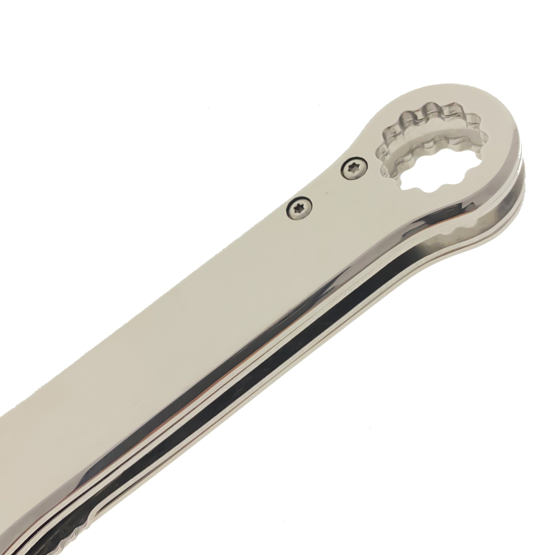 Falcon Chrome multi-tool wrench pocket knife for EDC. Polished chrome handle close up showing wrench head and screws