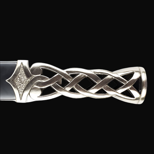 Blue Scottish Dirk Dagger by Guild Arms featuring ornate Celtic knotwork silver handle close up