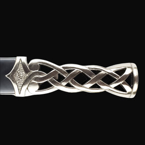 Blue Scottish Dirk Dagger by Guild Arms featuring ornate Celtic knotwork silver handle close up