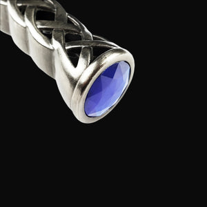 Guild Arms Blue Scottish Dirk Dagger close up pommel with Celtic braided hilt and faceted blue gem