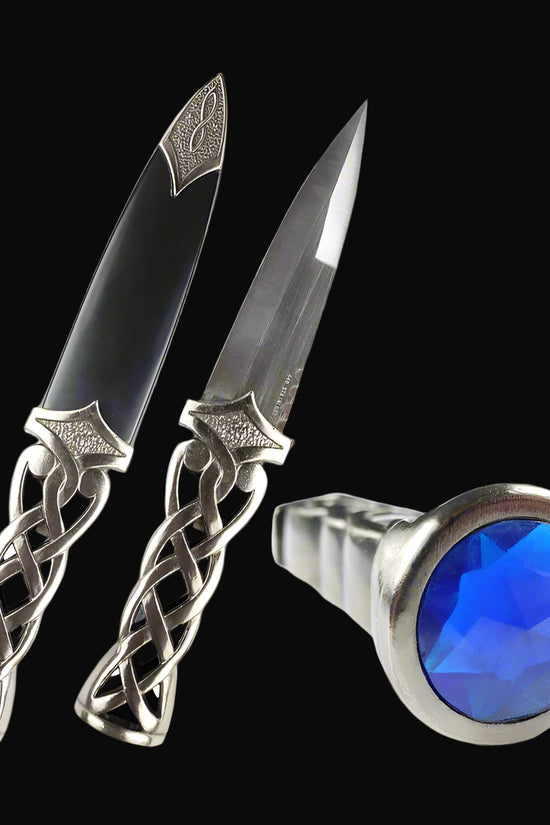 Guild Arms Blue Scottish Dirk Dagger with Celtic knot silver handle and blue jeweled pommel polished steel blade and sheath