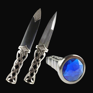 Guild Arms Blue Scottish Dirk Dagger with Celtic knot silver handle and blue jeweled pommel polished steel blade and sheath